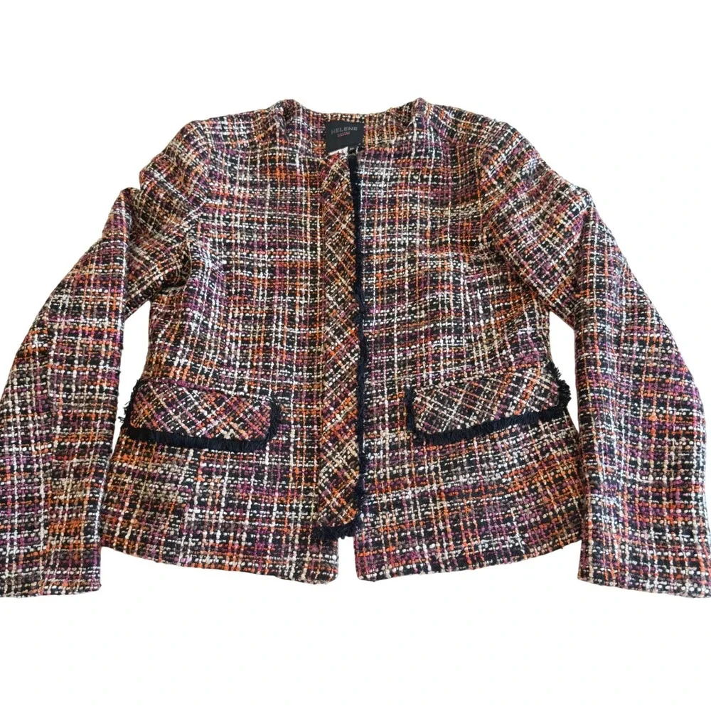 Helene London Blazer Tweed Multi Color Boucle Fringed Zip Jacket XL Workwear‎